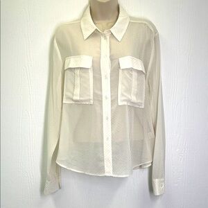 EVEREVE - Ivory Mesh Silver Embellishment Button Down Pocket Blouse Size Medium
